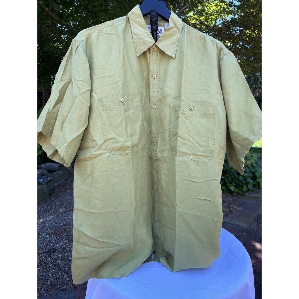 K-PASA 100% Silk Lime Green Short Sleeve Button Shirt Men’s L - Picture 2 of 6